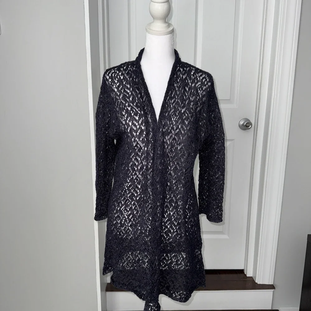 eileen fisher cardigan Sz Med Linen Metal Diagonal $238 New NWT Wedding Navy Bl - Picture 9 of 12